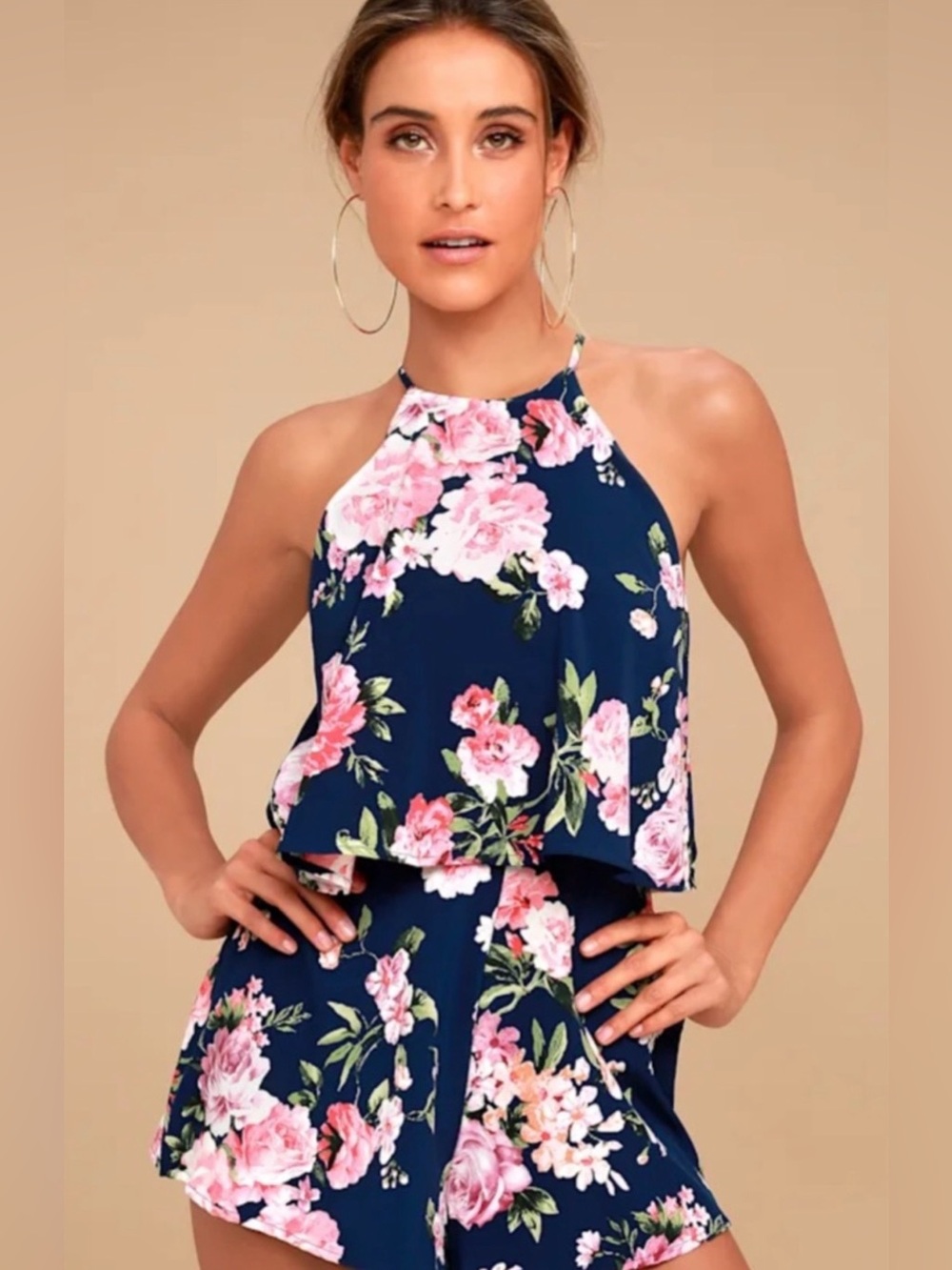 Lulus “In the Garden” Navy Floral Layered Romper